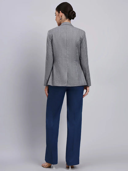 Women Grey Blazer-Set with Contrast Navy Blue Straight fit Pants