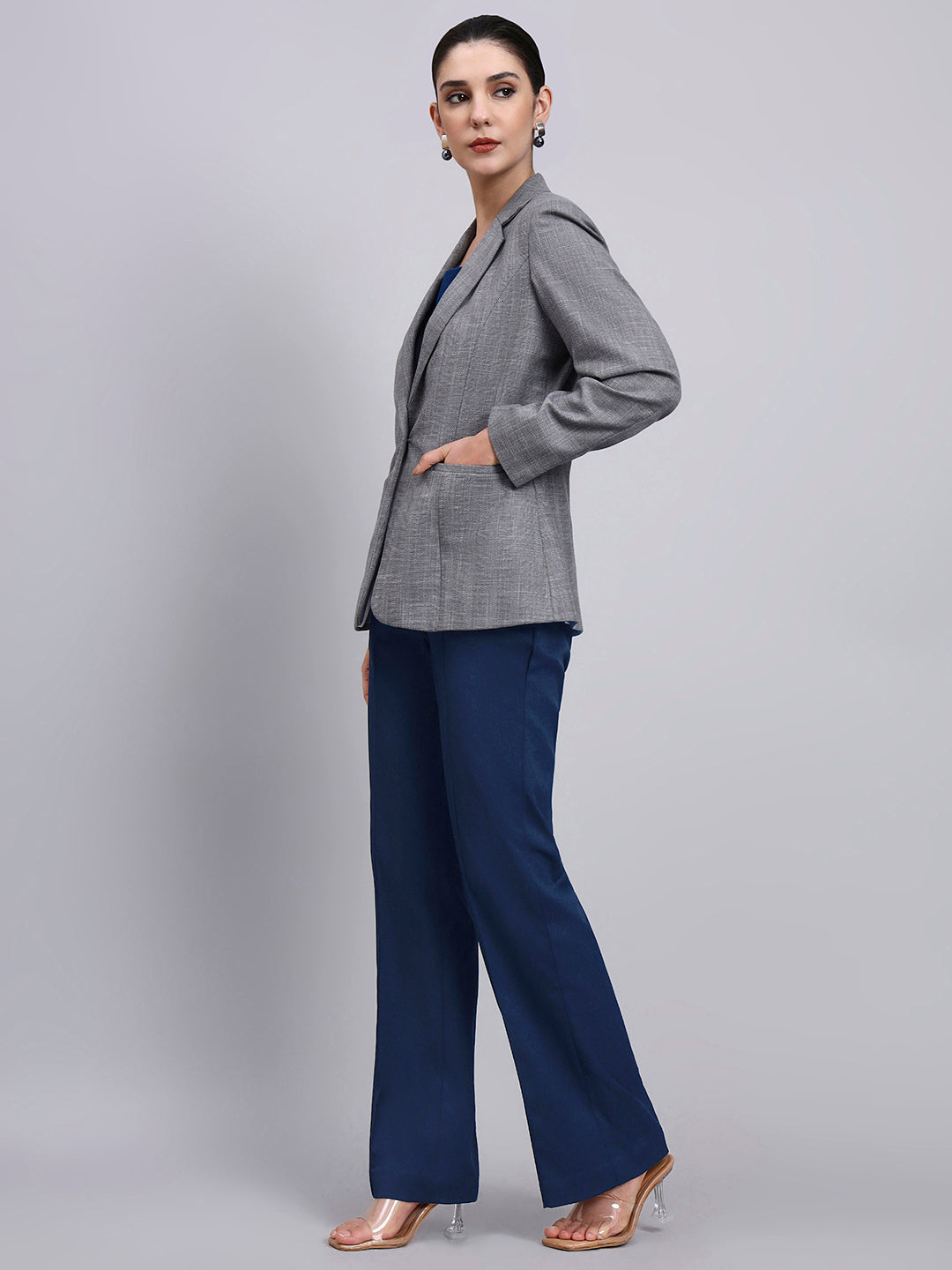 Women Grey Blazer-Set with Contrast Navy Blue Straight fit Pants