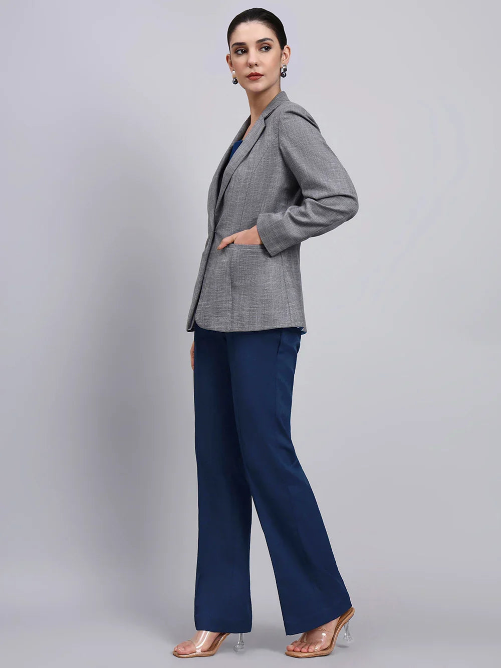 Women Grey Blazer-Set with Contrast Navy Blue Straight fit Pants