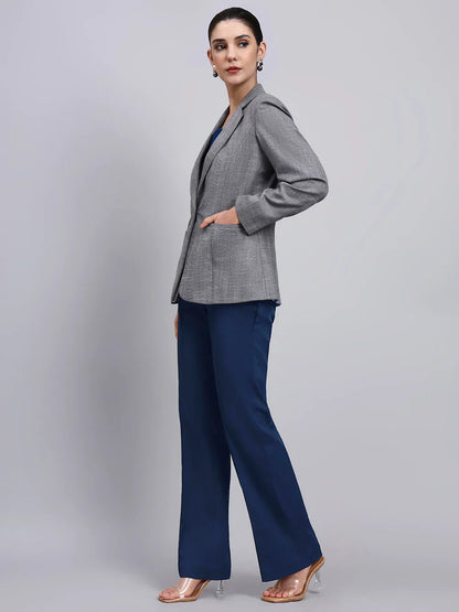 Women Grey Blazer-Set with Contrast Navy Blue Straight fit Pants
