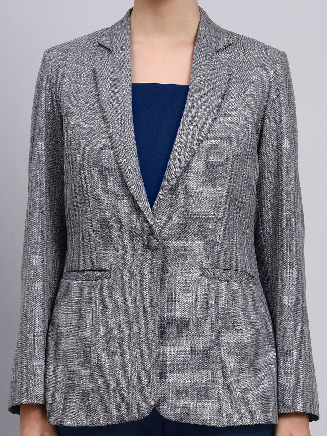 Women Grey Blazer-Set with Contrast Navy Blue Straight fit Pants
