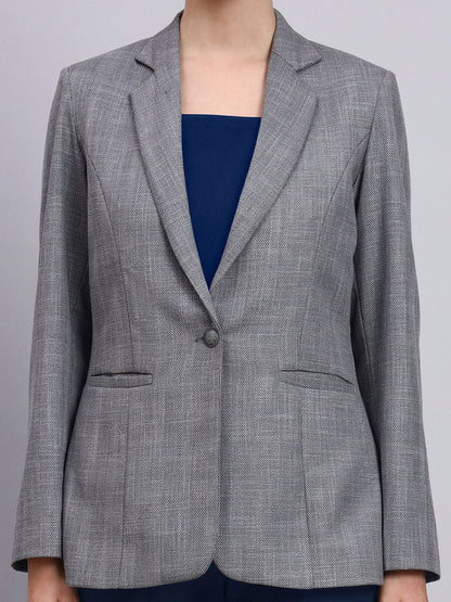 Women Grey Blazer-Set with Contrast Navy Blue Straight fit Pants