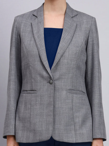 Women Grey Blazer-Set with Contrast Navy Blue Straight fit Pants