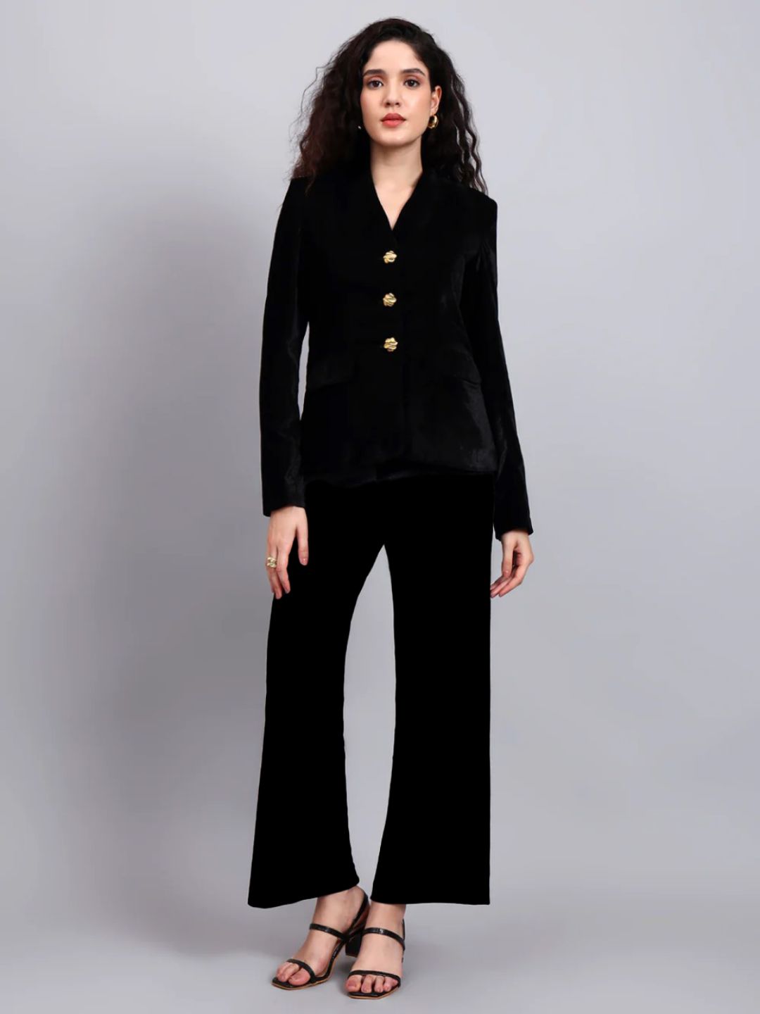 Women Black Velvet Gold Buttoned Stretch Blazer Set