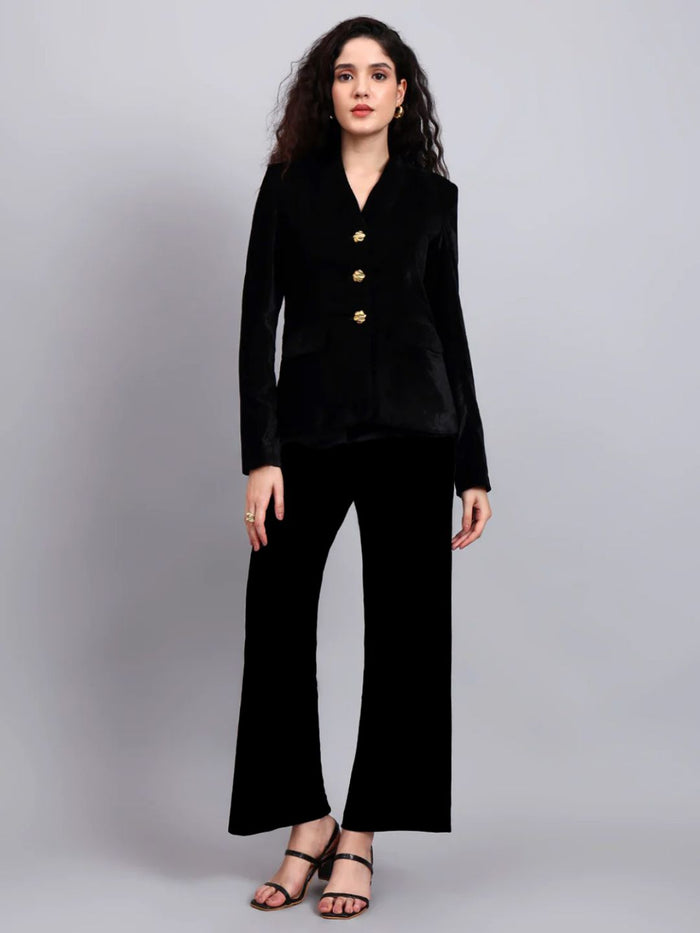 Women Black Velvet Gold Buttoned Stretch Blazer Set