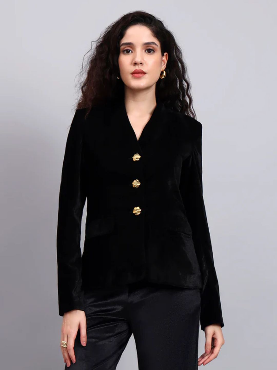 Women Black Velvet Gold Buttoned Stretch Blazer Set