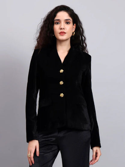 Women Black Velvet Gold Buttoned Stretch Blazer Set