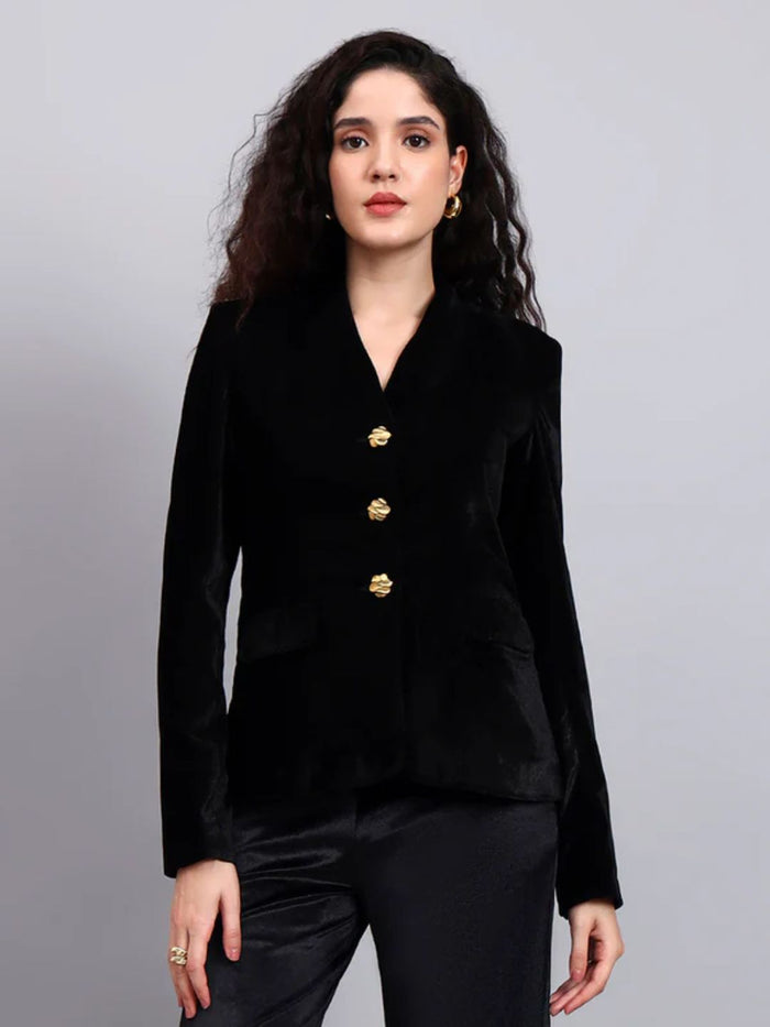 Women Black Velvet Gold Buttoned Stretch Blazer Set