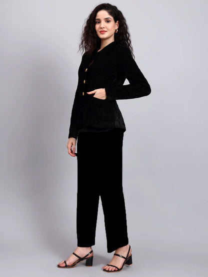 Women Black Velvet Gold Buttoned Stretch Blazer Set