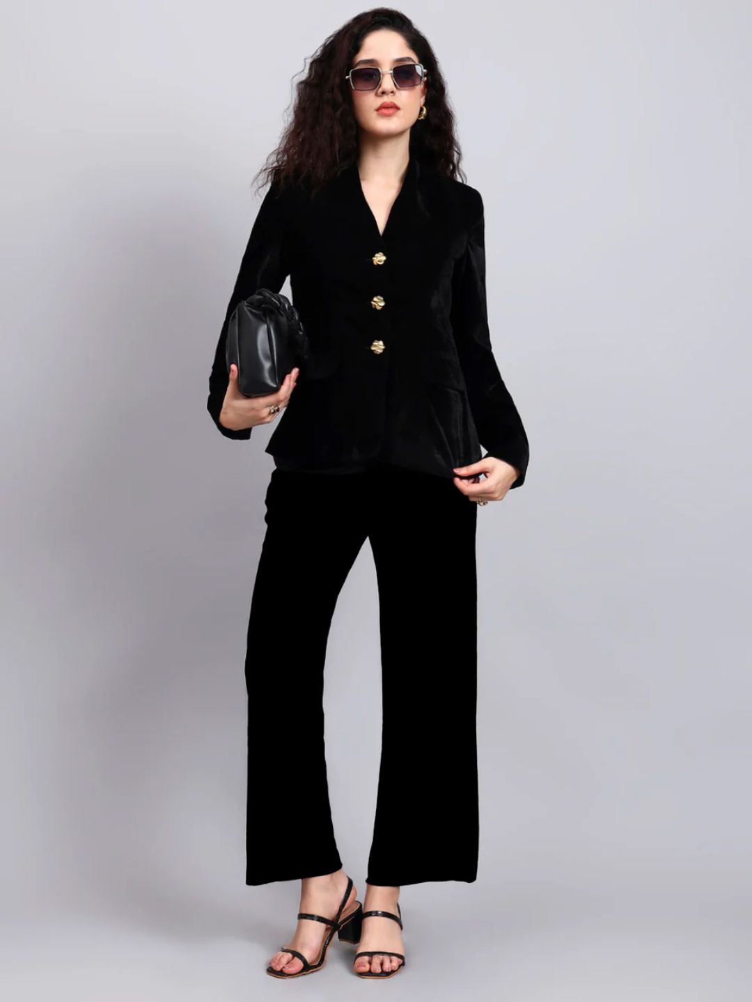 Women Black Velvet Gold Buttoned Stretch Blazer Set