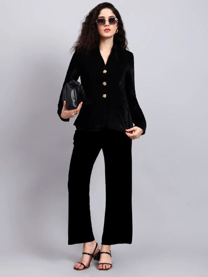 Women Black Velvet Gold Buttoned Stretch Blazer Set