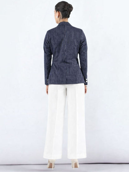 Women Striped Single-Breasted Blazer Paired With Classic Straight Fit High-Rise Pleated Trousers