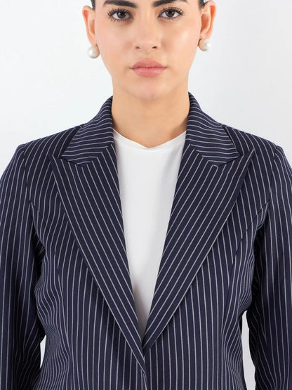 Women Striped Single-Breasted Blazer Paired With Classic Straight Fit High-Rise Pleated Trousers