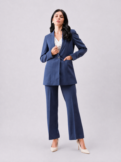 Women Navy Blue Checked Single Breasted Formal Pantsuit