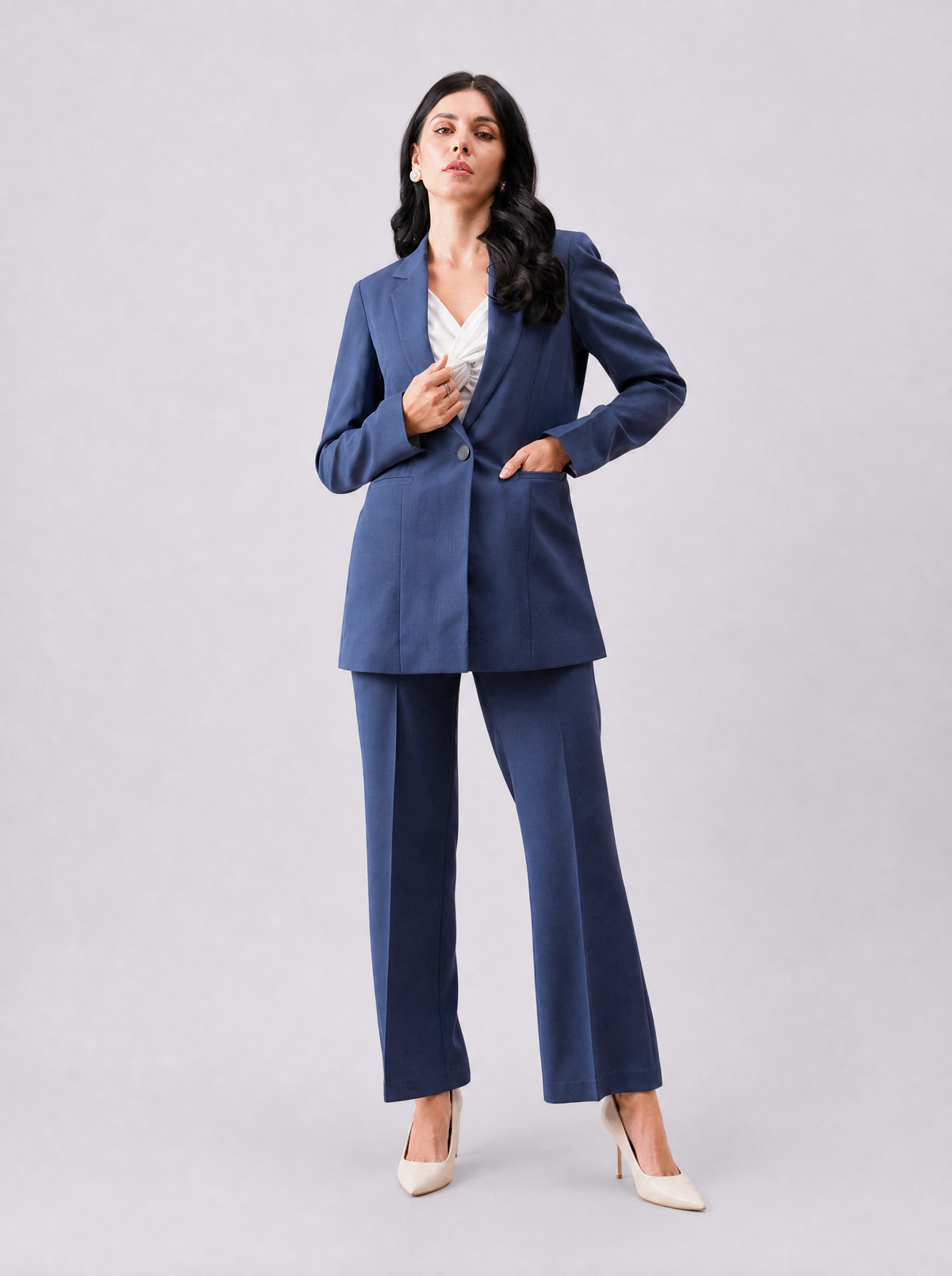 Women Navy Blue Checked Single Breasted Formal Pantsuit
