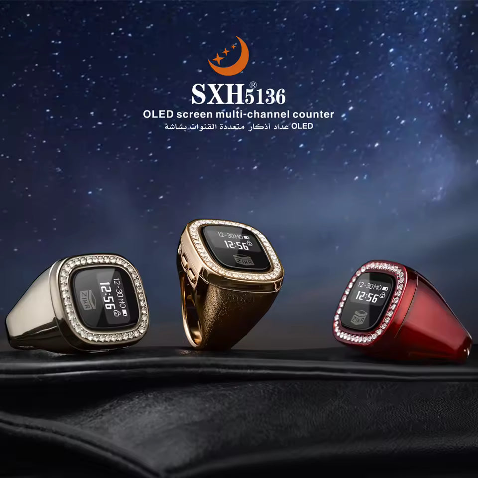 OLED Display Diamond Zikr Tasbeeh Ring – Rechargeable Digital Counter with 4 Modes