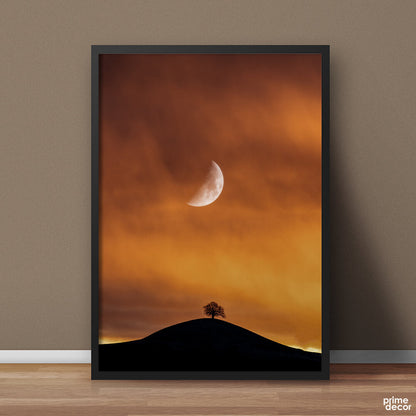 Silhouette Of Tree under Half Moon | Landscape Poster Wall Art