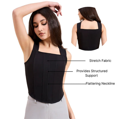 Women Solid Black Square Neck Corset Crop Top