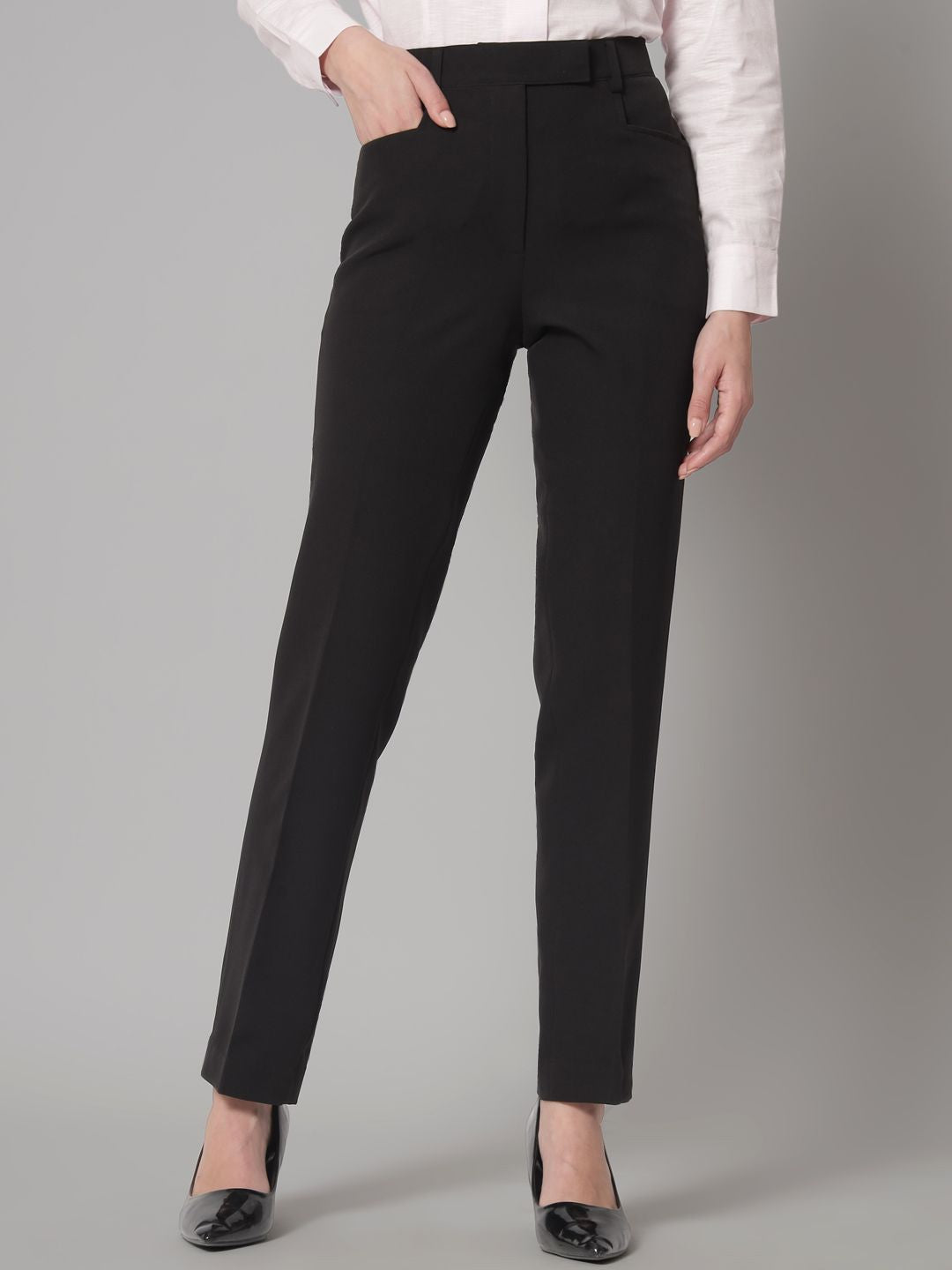 Women Black Mid-Rise Pleated Formal Trousers