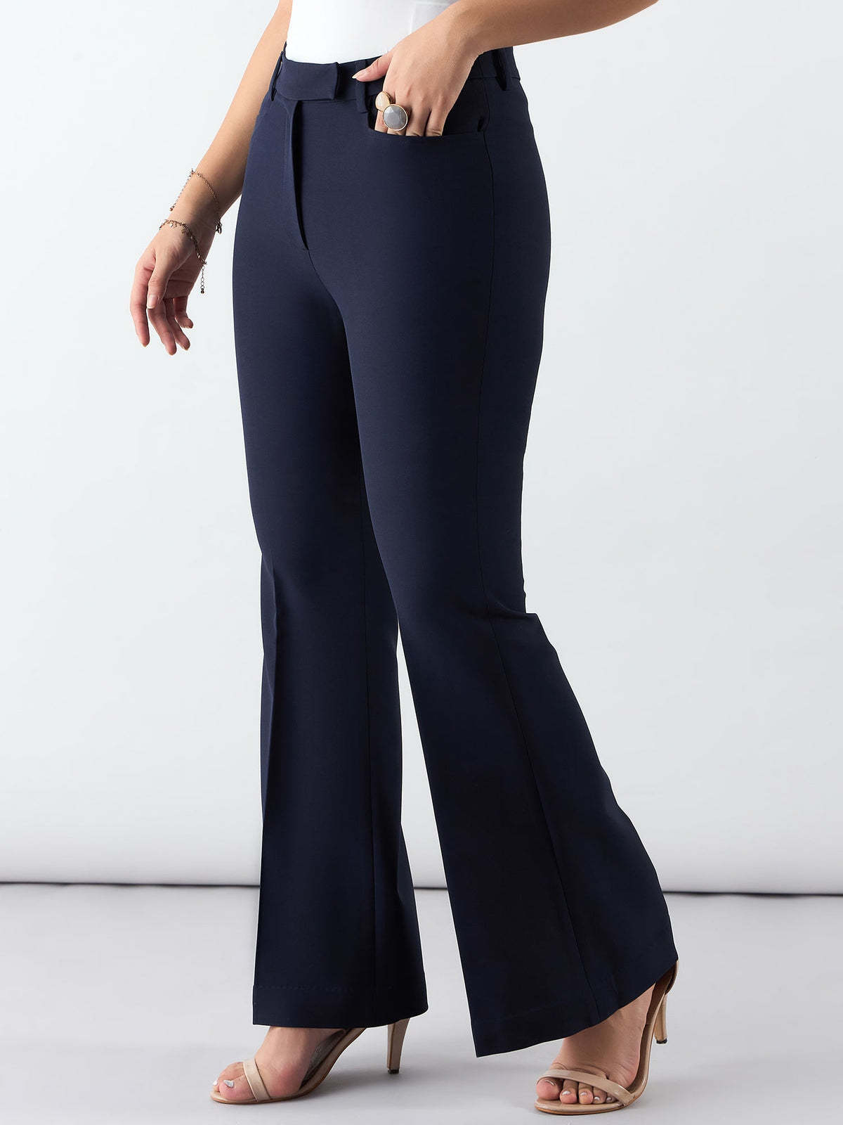 Women Navy Blue Flared High-Rise Trousers