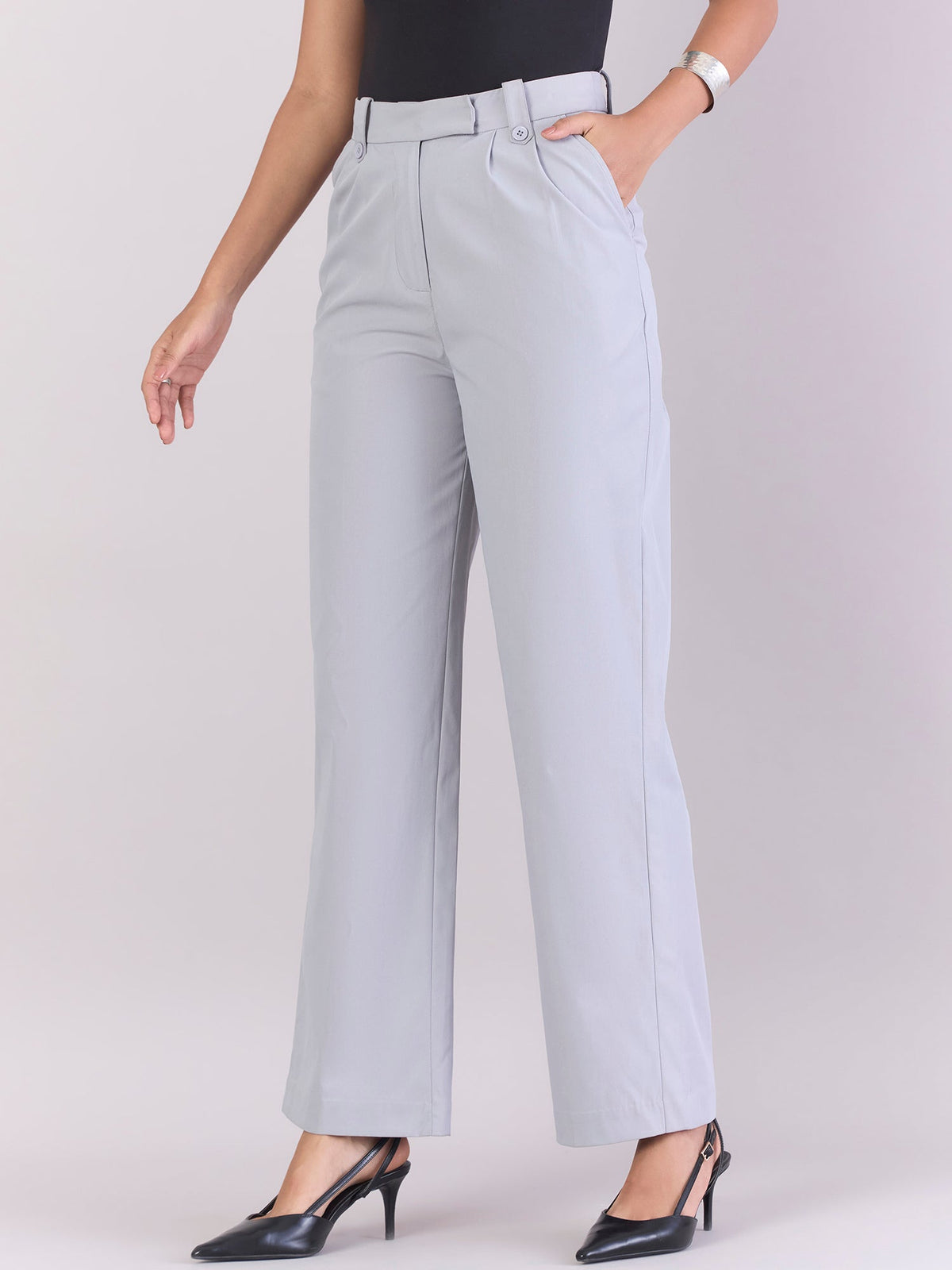 Women Comfort Straight Fit High-Rise Easy Wash Pleated Formal Trousers