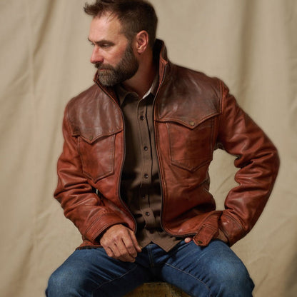 Western Elkhorn Leather Jacket | Distressed Brown & Chestnut