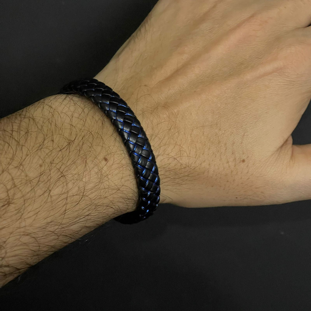 Blue & Black Braided Leather Bracelet For Men