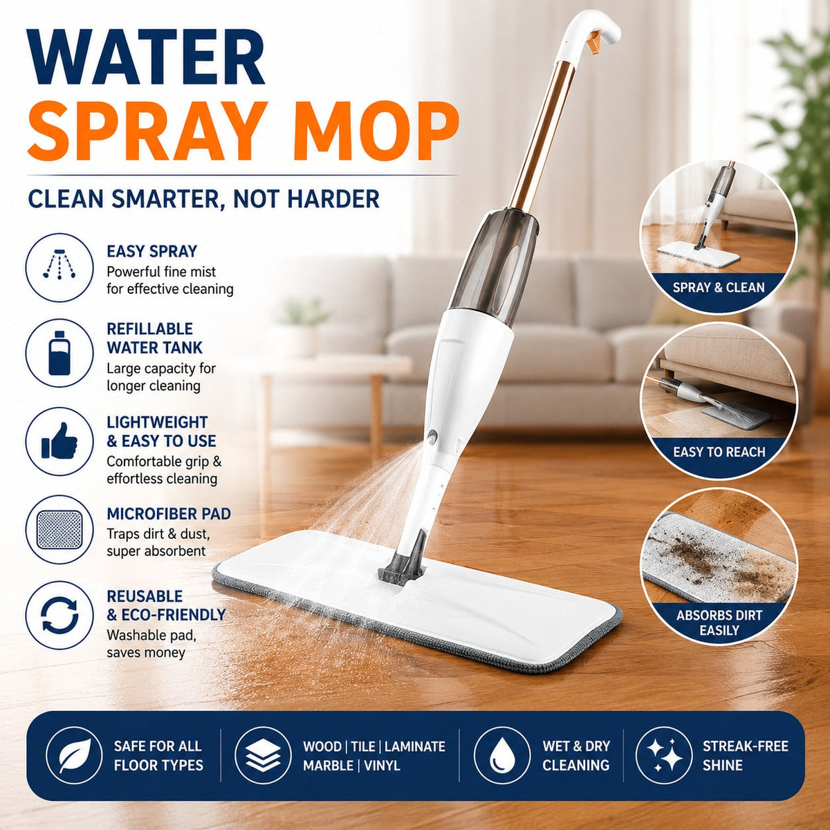Water Spray Mop – Wet & Dry Floor Cleaning Mop with Built-In Spray