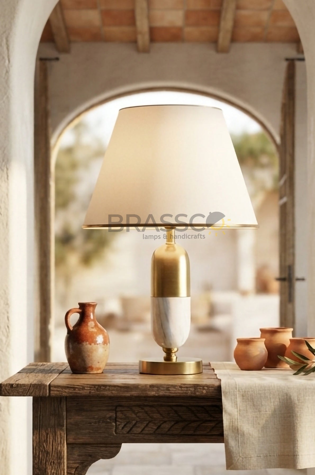 White-Texture Oval Brass Metal Table Lamp