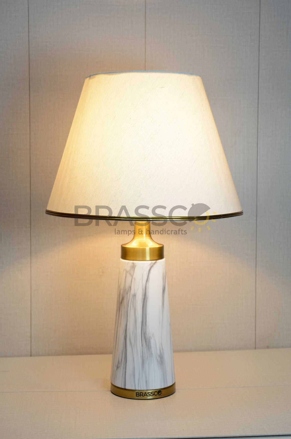 White Marble-Texture Brass Metal Table Lamp with Crystal Accent