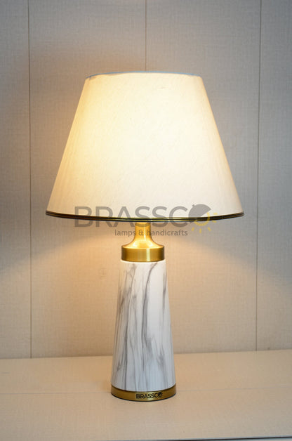White Marble-Texture Brass Metal Table Lamp with Crystal Accent