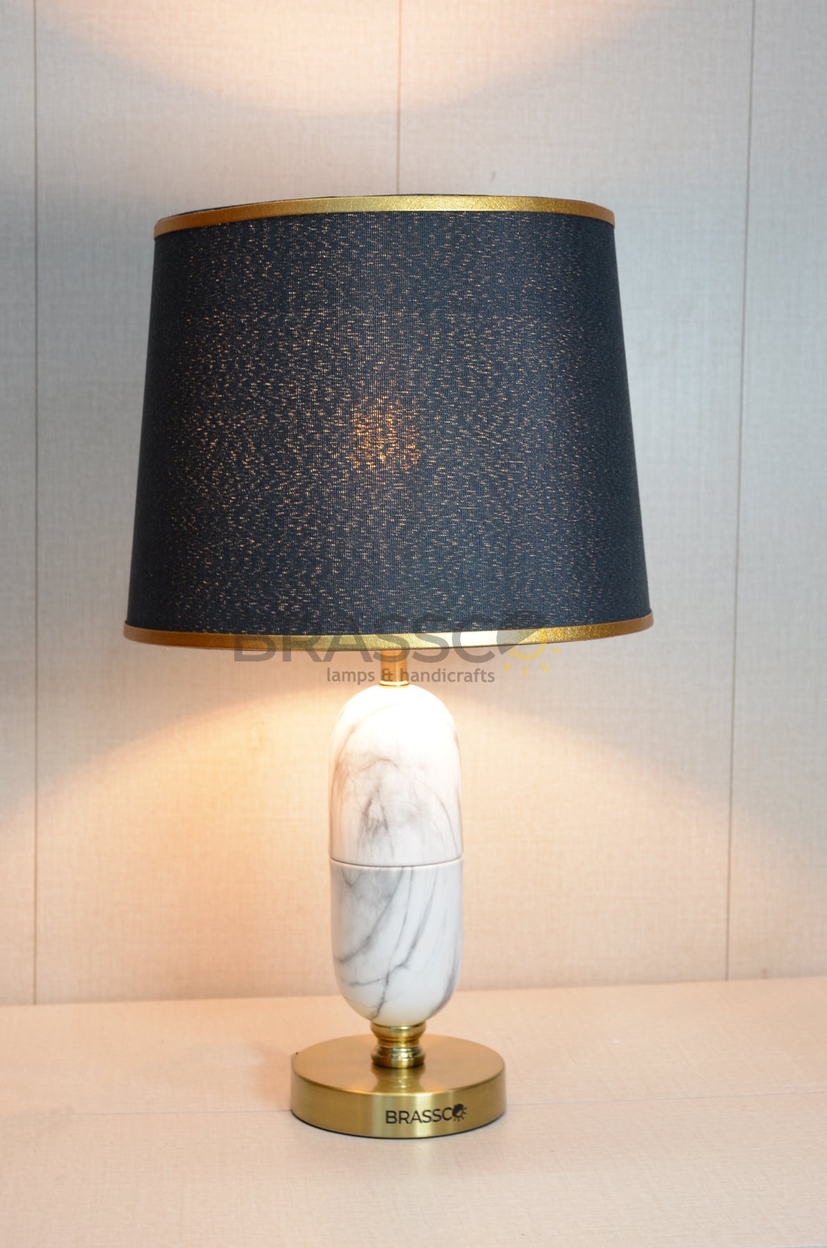 White Oval Marble-Texture Brass Metal Table Lamp