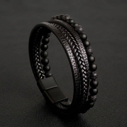Layered Beaded Leather Bracelet For Men – Natural Stone Beads