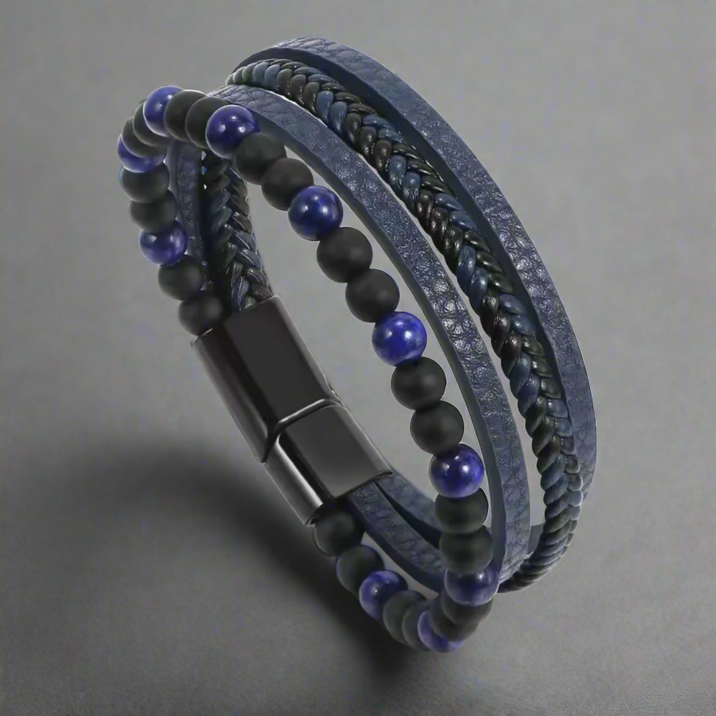 Layered Beaded Leather Bracelet For Men - Blue Agate