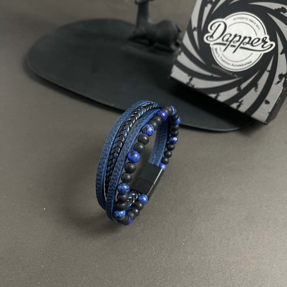 Layered Beaded Leather Bracelet For Men - Blue Agate