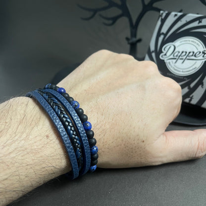 Layered Beaded Leather Bracelet For Men - Blue Agate
