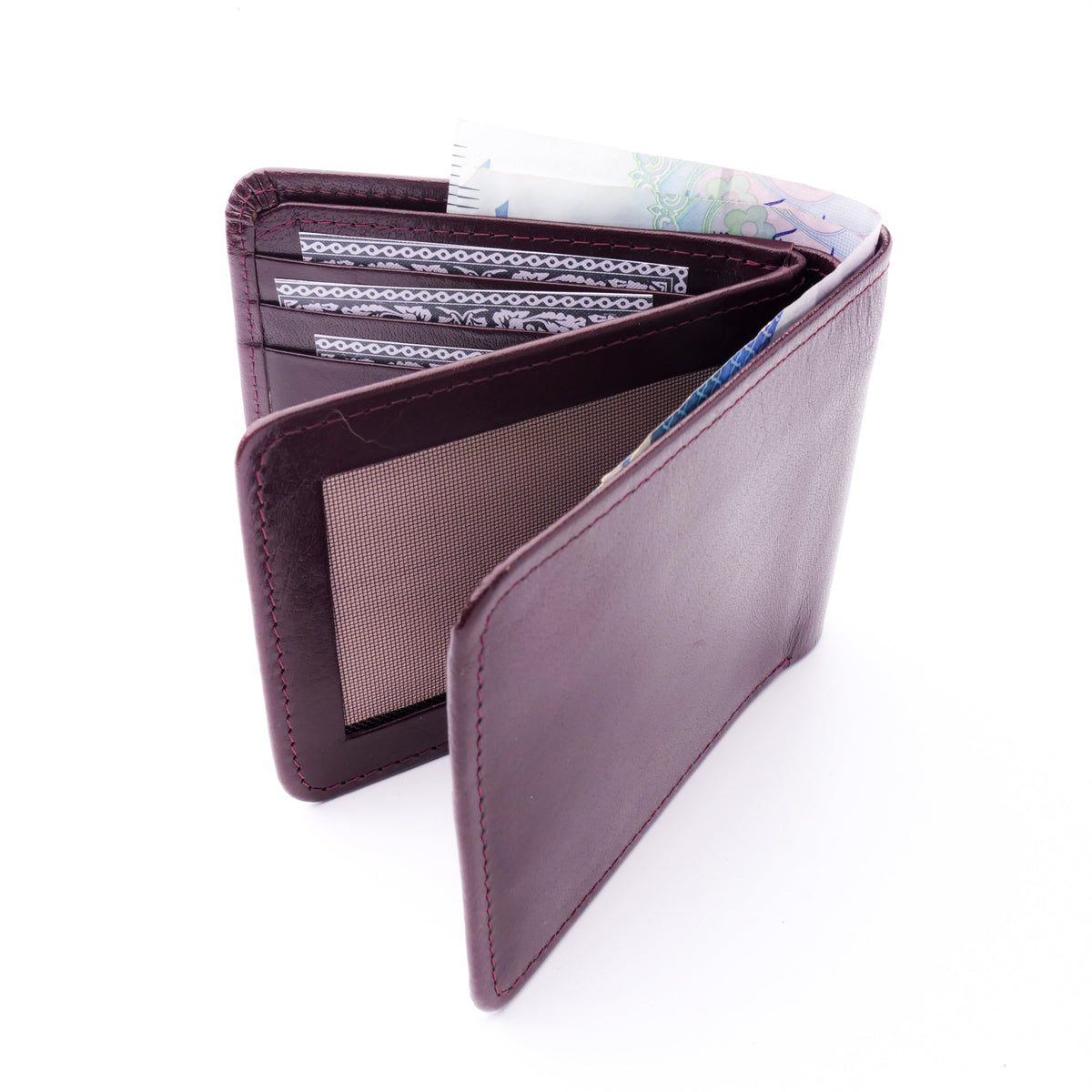 Three Pocket Geniune Leather Mens Wallet- Burgundy