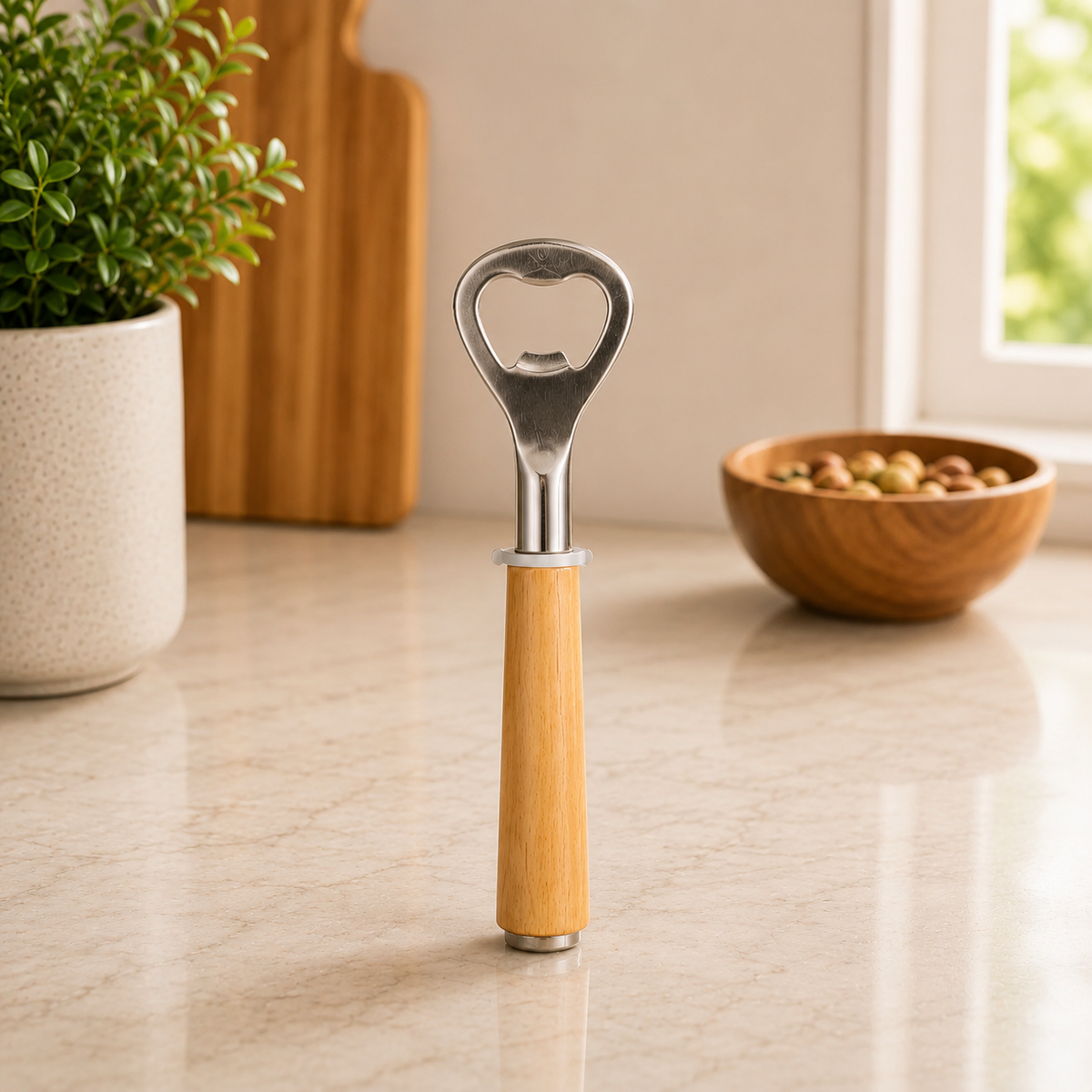 Stainless Steel Bottle Opener with Wooden Handle – Heavy-Duty Bar Tool