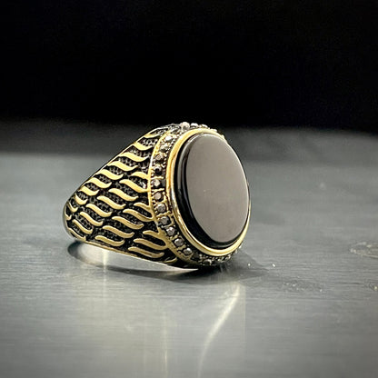 Black Stone Silver Feather Turkish Ring For Men