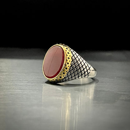 Red Oval Stone Silver Turkish Ring For Men