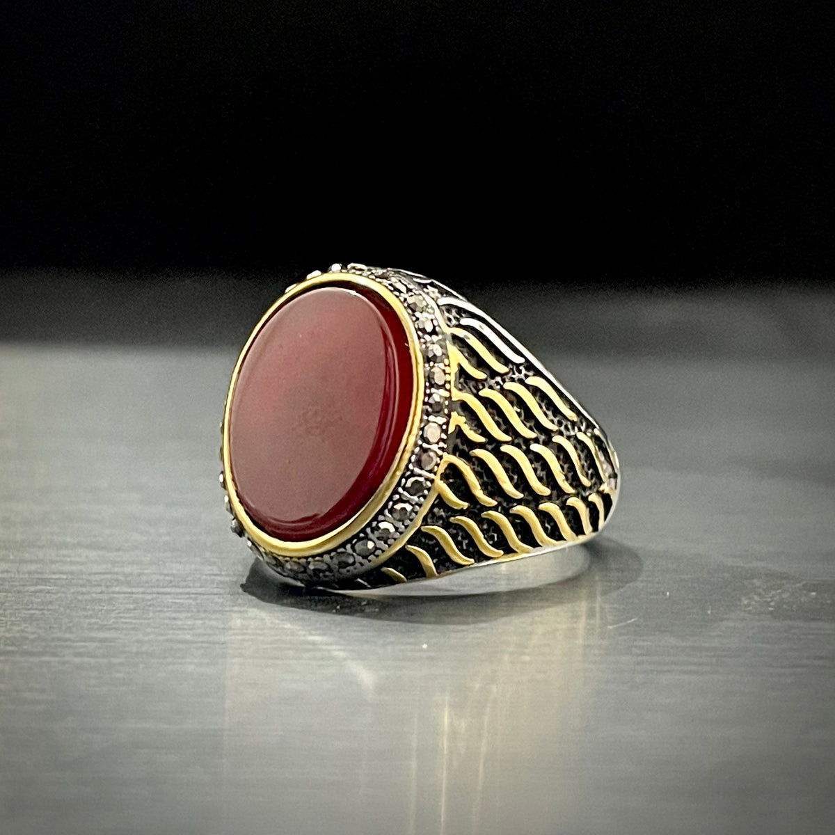 Red Stone Silver Feather Turkish Ring For Men