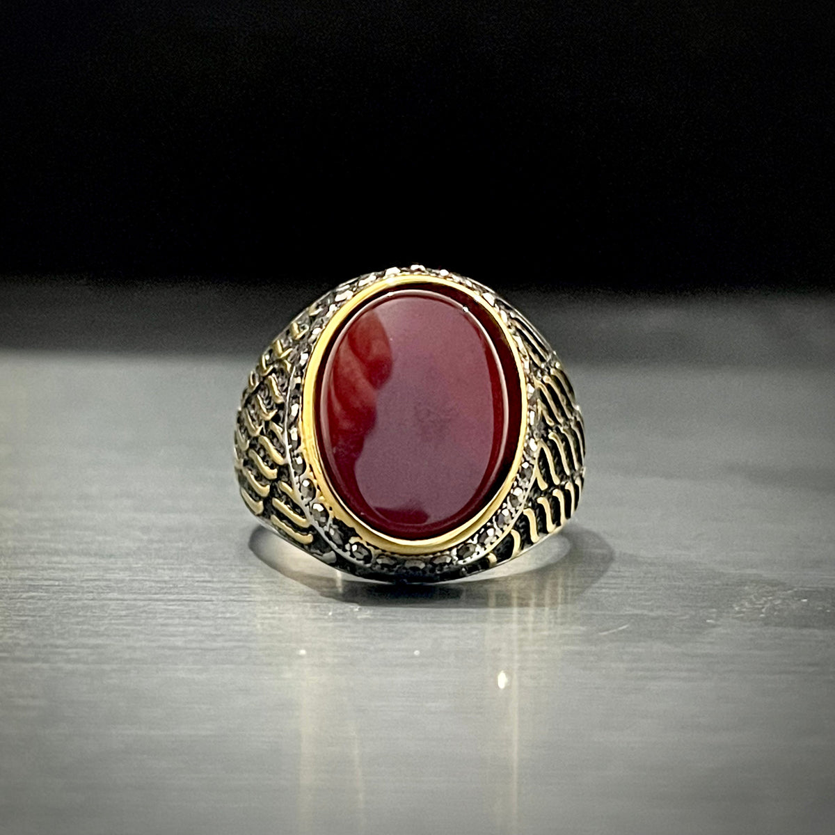 Red Stone Silver Feather Turkish Ring For Men