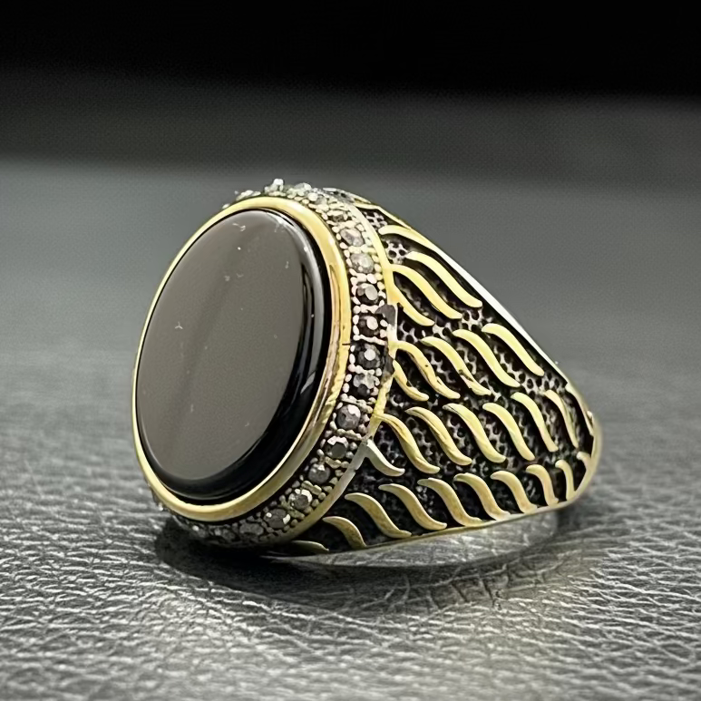 Black Stone Silver Feather Turkish Ring For Men