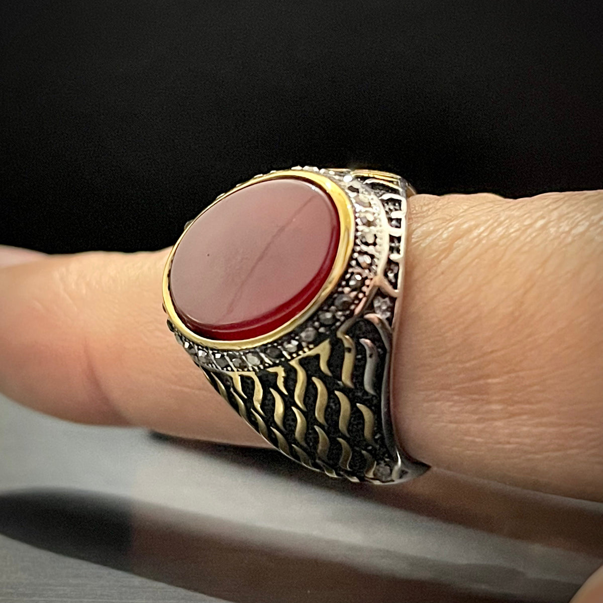 Red Stone Silver Feather Turkish Ring For Men