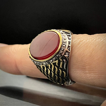 Red Stone Silver Feather Turkish Ring For Men