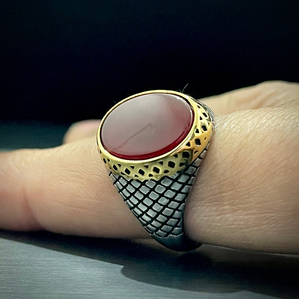 Red Oval Stone Silver Turkish Ring For Men