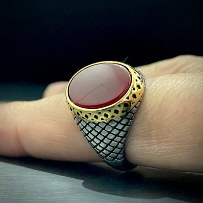 Red Oval Stone Silver Turkish Ring For Men