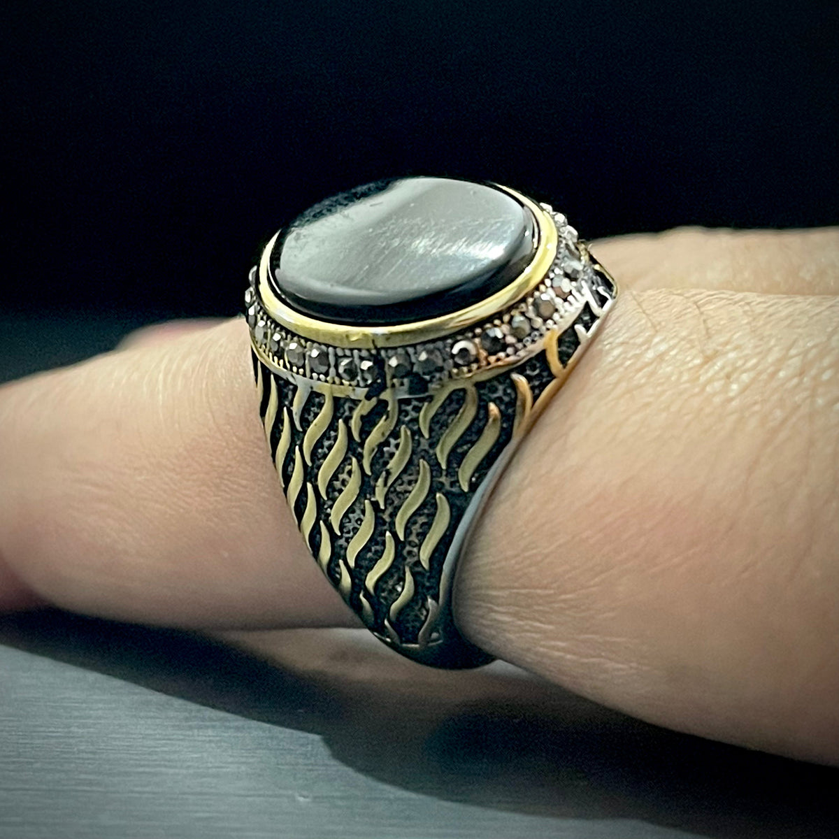 Black Stone Silver Feather Turkish Ring For Men