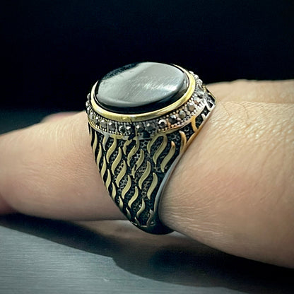 Black Stone Silver Feather Turkish Ring For Men