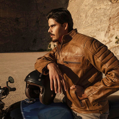 Cafe Racer Leather Jacket | Distressed Tan